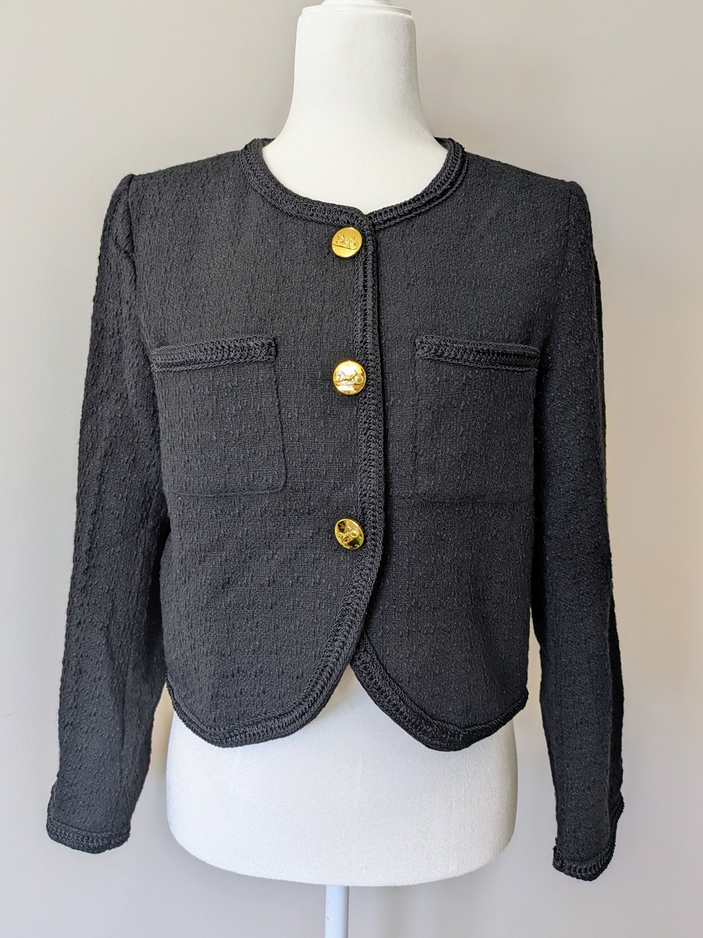 Classic Black Bouclé Jacket with Gold Buttons